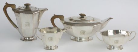 George VI hallmarked silver four piece pedestal teaset, Sheffield 1945 maker Frank Cobb & Co Ltd,