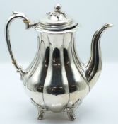 Victorian hallmarked silver coffee pot with lobed body and fruit finial, London 1846 maker Richard