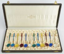 David Andersen cased set of 12 Norwegian silver gilt guilloché enamel coffee or teaspoons, marked