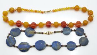 A lapis lazuli necklace and a beaded camelian agate necklace