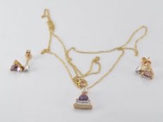 A 9ct gold necklace and earrings set with amethysts and diamonds, 2.5g