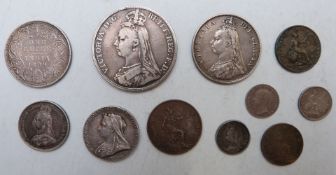 A collection of Victorian coinage to include an 1891 Jubilee crown, 1887 half crown, shilling, two