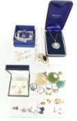 A collection of silver jewellery including necklaces, pendants, Wedgwood pendant, earrings, rings