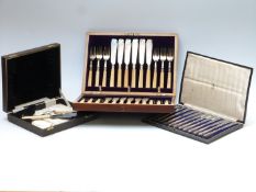 Cased set of 12 hallmarked silver handled knives, cased set of hallmarked silver mounted fish eaters