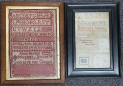 Two Victorian embroidery samplers, one with needlework montage by Susanna Garrett, Balscott