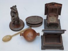 Black Forest bear pen holder, hinged inkwell in the form of a house or chalet, a carved box, treen