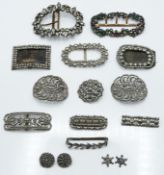 Eight Victorian cut steel buckles, three Victorian cut steel buttons, and two paste buckles