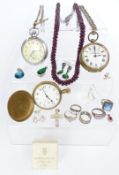 A garnet beaded necklace, silver rings, Ingersoll pocket watch, other pocket watches etc