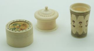 Three 19thC Indian Madras ware ivory and bone items including a dice shaker and two turned