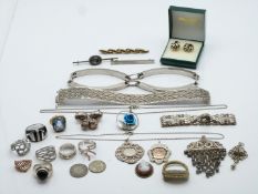 A collection of silver jewellery including bracelet, earrings, necklace, rings, gate bracelet,