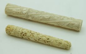 Two 19thC carved ivory needle cases comprising a Chinese example, longest 11cm