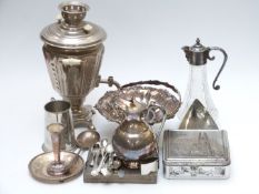 Silver plated ware to include samovar, swing handled basket, glass jug with plated mounts, tankards,