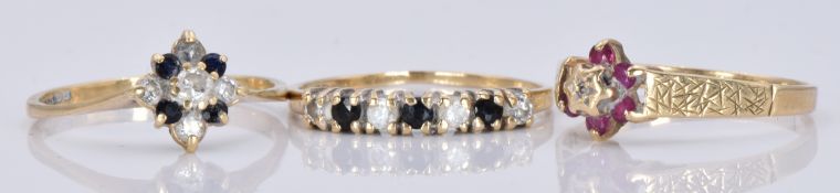 Three 9ct gold rings, one set with cubic zirconia and sapphires, 4.0g, sizes M, N and O