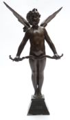 After Auguste Moreau, 'Vici' bronze figure of winged Cupid on plinth, with foundry mark verso,