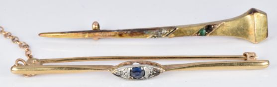 A 9ct gold brooch set with a sapphire and diamonds (2.8g) and a 14ct gold brooch (1.5g)