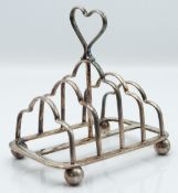 Victorian hallmarked silver five bar toast rack with heart shaped handle, Sheffield 1897 maker Atkin