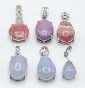 Six silver pendants, three set with chalcedony, one phosphosiderite and white sapphire, and two