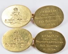 A pair of 18ct gold cufflinks engraved with the Royal Artillery crest and engraved 'To Gerald from
