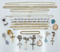 A collection of mainly silver jewellery including three rings, six pendants on chains and an