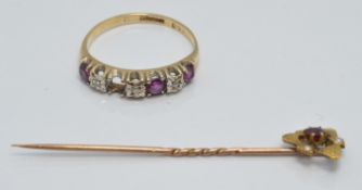 Art Nouveau 15ct gold stick pin set with a ruby and seed pearls (1g) and a 9ct gold ring set with