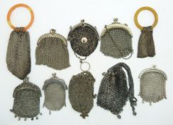 Ten chain link / silver mesh purses, largest 15cm long