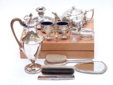 Canteen of Maple cutlery, silver plated ewer, cruets with blue glass liners, hallmarked silver