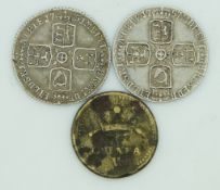 George II sixpences 1751 and 1757, together with a William III guinea weight