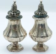 Pair of Georgian/Victorian salt and pepper shakers, likely old Sheffield plate, marks indistinct,