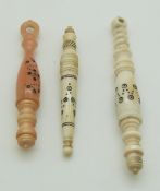 Three 19thC turned ivory Indian Madras ware stilettos, longest 6cm