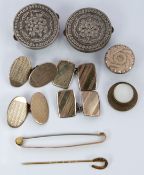 A 9ct gold stick pin, 9ct gold brooch (2.3g) Victorian buttons and silver cufflinks