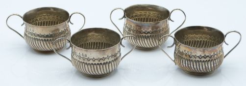 Victorian set of four Britannia standard hallmarked silver twin handled novelty miniature porringers
