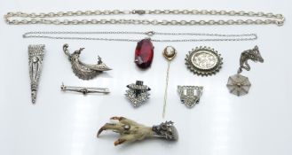 Victorian silver brooch, Victorian cameo stick pin, silver necklace, Eastern white metal brooch, Art