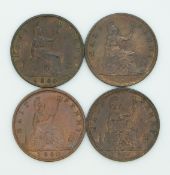 Four 1860 young head Victoria halfpennies to include T.B, B.B, 4 berries, round top to lighthouse