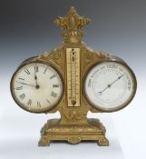 Late 19th/ early 20thC clock, barometer and thermometer compendium on painted metal stand, W22.5cm