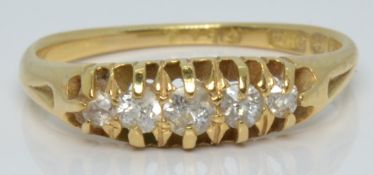 Victorian 18ct gold ring set with five diamonds, Birmingham 1898, 3.0g, size O/P
