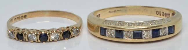 Two 9ct gold rings set with cubic zirconia and sapphires, 3.8g, size L and R