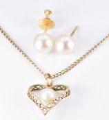 A pair of 14k gold earrings set with a pearl to each and a 9ct gold necklace set with a pearl, 4.5g