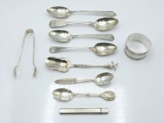 Hallmarked silver and white metal items to include napkin ring, souvenir spoons, Mordan pencil