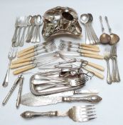 Silver plated cutlery including apostle spoons, wick scissors and basket with buckle handle, width