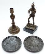 Bronze Pied Piper figure, 19thC ornate gilt metal candlestick and two circular plaques, height of