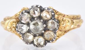 Georgian / Victorian ring set with rose cut paste in a cluster and engraved shoulders, 3.4g, size I