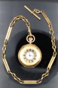 18ct gold keyless winding half hunter pocket watch with blued hands, black Roman numerals, stepped