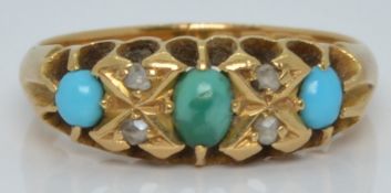 Edwardian 18ct gold ring set with turquoise and diamonds, Birmingham 1910, 4.4g, size L