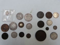 A small collection of Georgian and Victorian coinage to include 1844 half farthing, model penny,