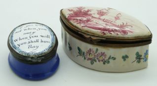 Two 19thC Bilston or similar enamel boxes, one with motto to lid, width of larger 7cm