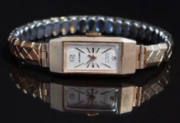 Excalibur 9ct gold ladies wristwatch with gold hands and hour markers, silver dial, rectangular case