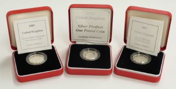 Three Royal Mint silver proof Piedfort £1 coins, 2002, 2003 and 2004, all cased with certificates