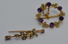 Edwardian 9ct gold brooch set with amethysts and seed pearls and a yellow metal brooch set with seed
