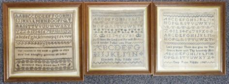 Three Georgian embroidery samplers, Elizabeth Rose and Mary Rose Kiddle, both dated 1787 and