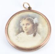 Victorian 9ct gold double sided locket set with a portrait miniature to each side depicting a